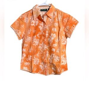 Lemon Grass Studio Orange Floral Button Front Shirt Women’s Size M Hawaiian
